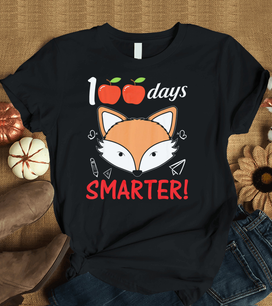 100 Days Smarter Fox Student with Apples and Hearts T-Shirt