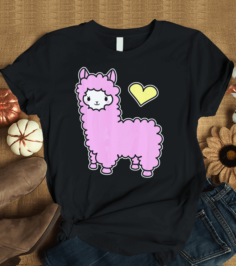 Llama Girls Cute Kawaii Pink Alpac with Heart T-Shirt