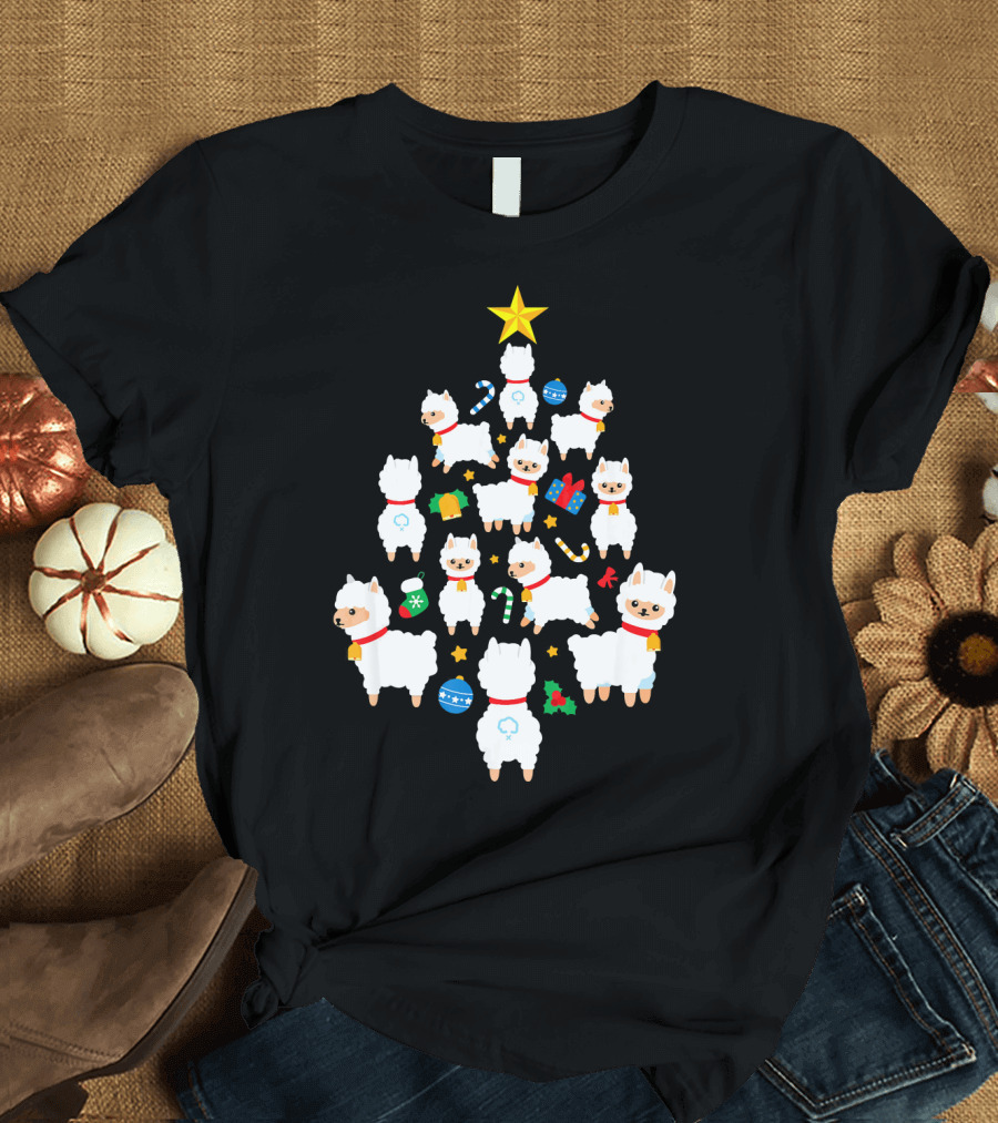Llama Alpaca Christmas Tree Funny Cute Animals T-Shirt