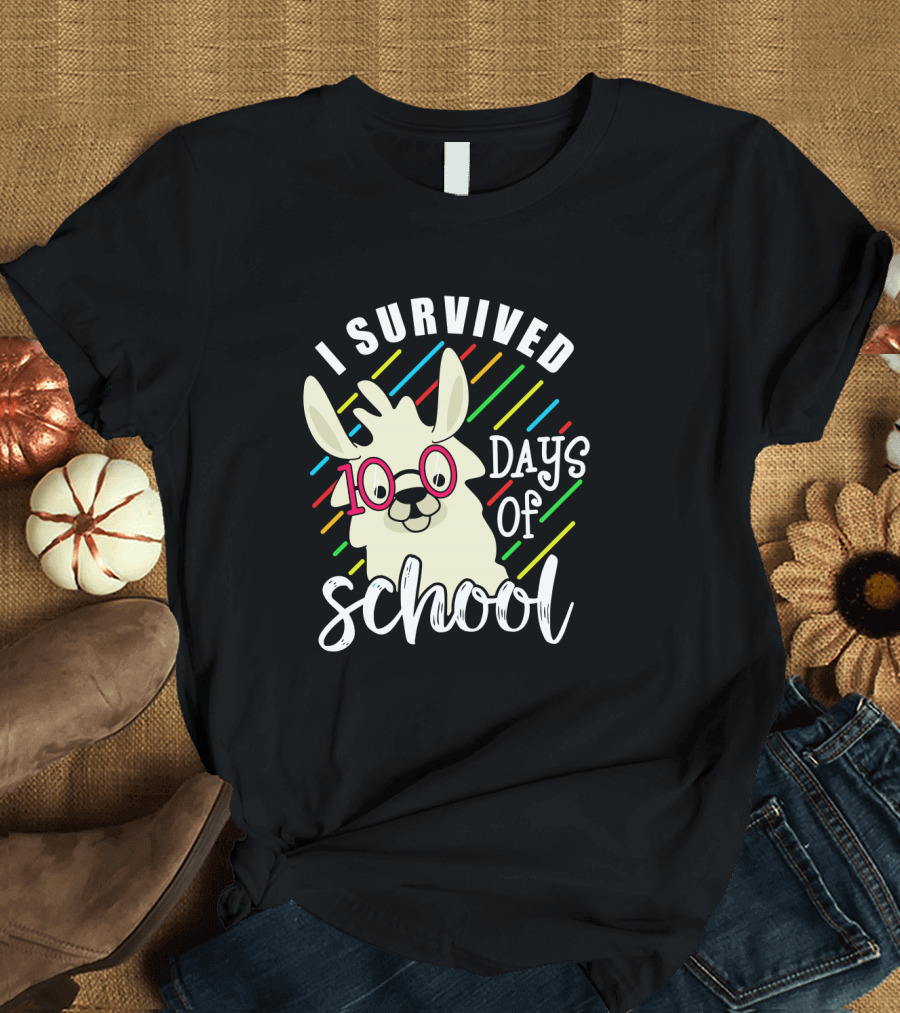 I Survived 100 Days of School Llama with Colorful Stripes T-Shirt