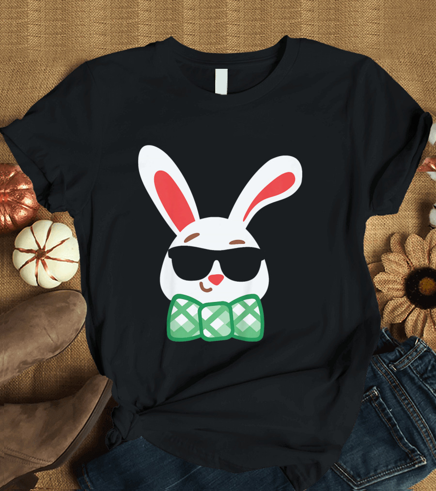 Kids Bunny With Sunglasses Cute Easter Bow Tie T-Shirt