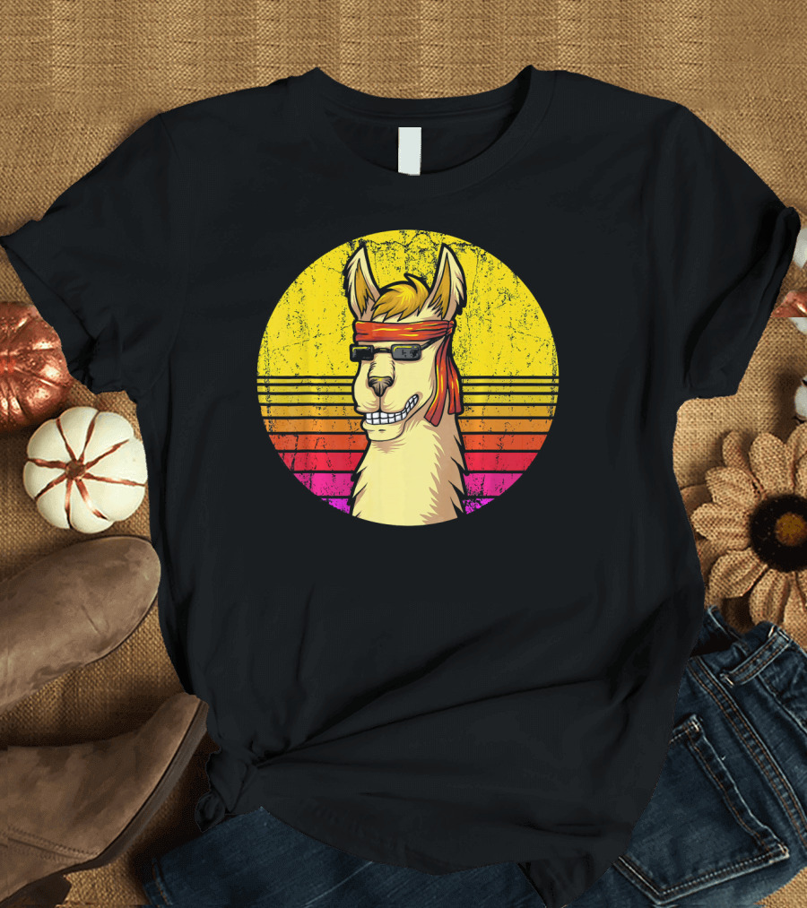 Retro Llama Sunglasses Funny Vintage Alp Sunset Headband Stripes T-Shirt