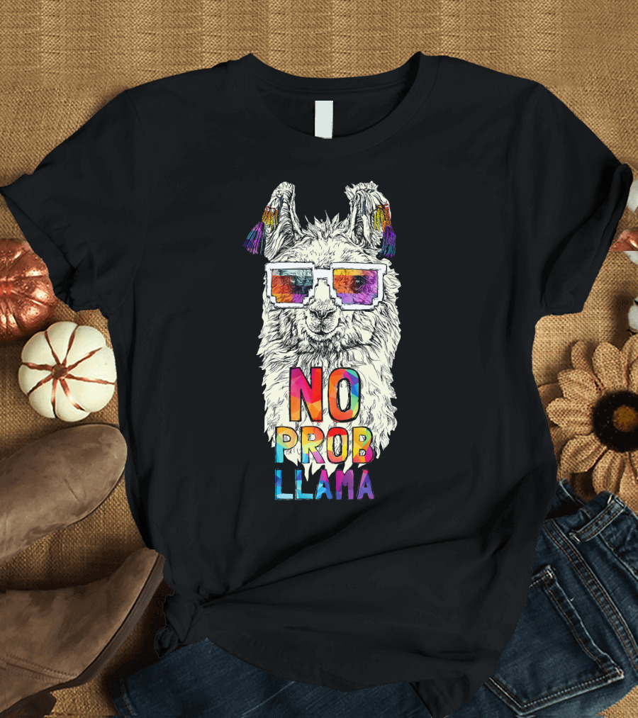 No Probllama Llama Alpaca Love Rainbow Sunglasses T-Shirt