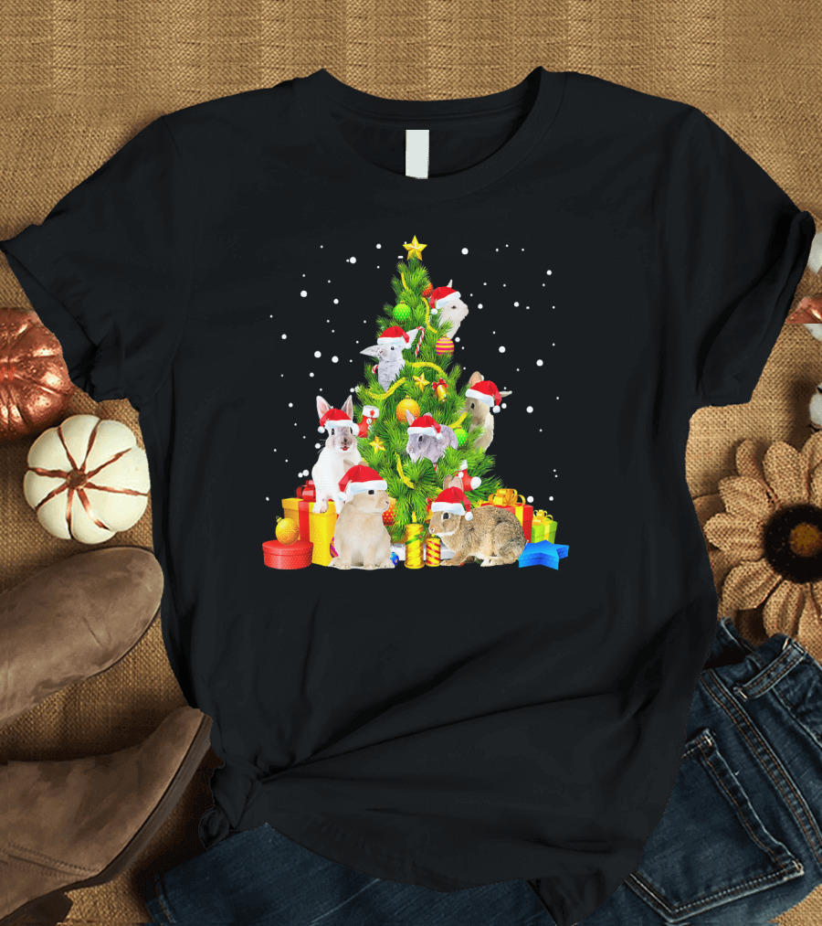 Rabbit Christmas Tree Santa Hat Puppies Holiday Gift Snowflakes T-Shirt