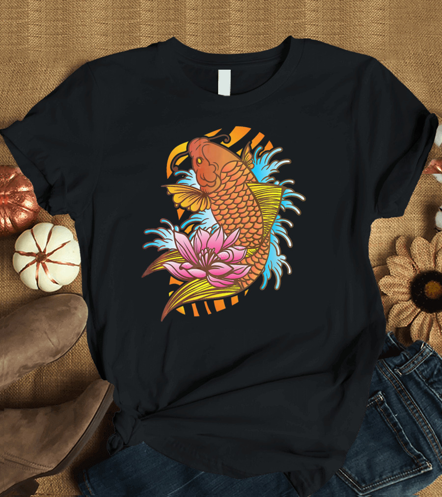 Traditional Japanese Koi Fish Tattoo Wit Pink Lotus Waves T-Shirt