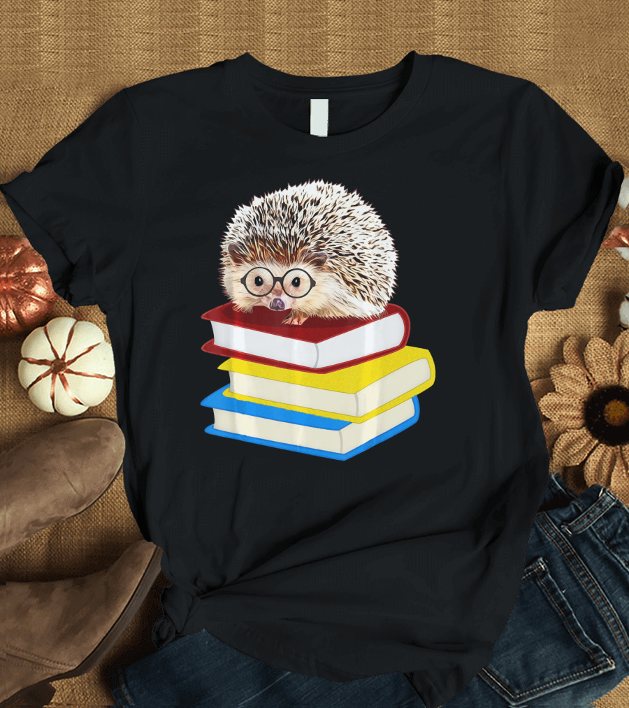 Totally Adorable Hedgehog Book Nerd Stack of Colorful Books with Glasses T-Shirt