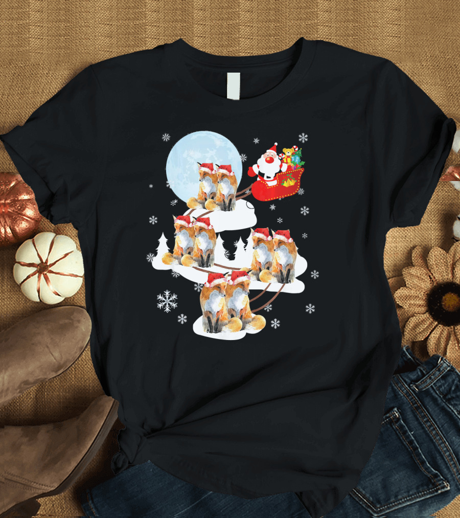 Santa on Sleigh Pulled by Foxes in Christmas Night Scene T-Shirt