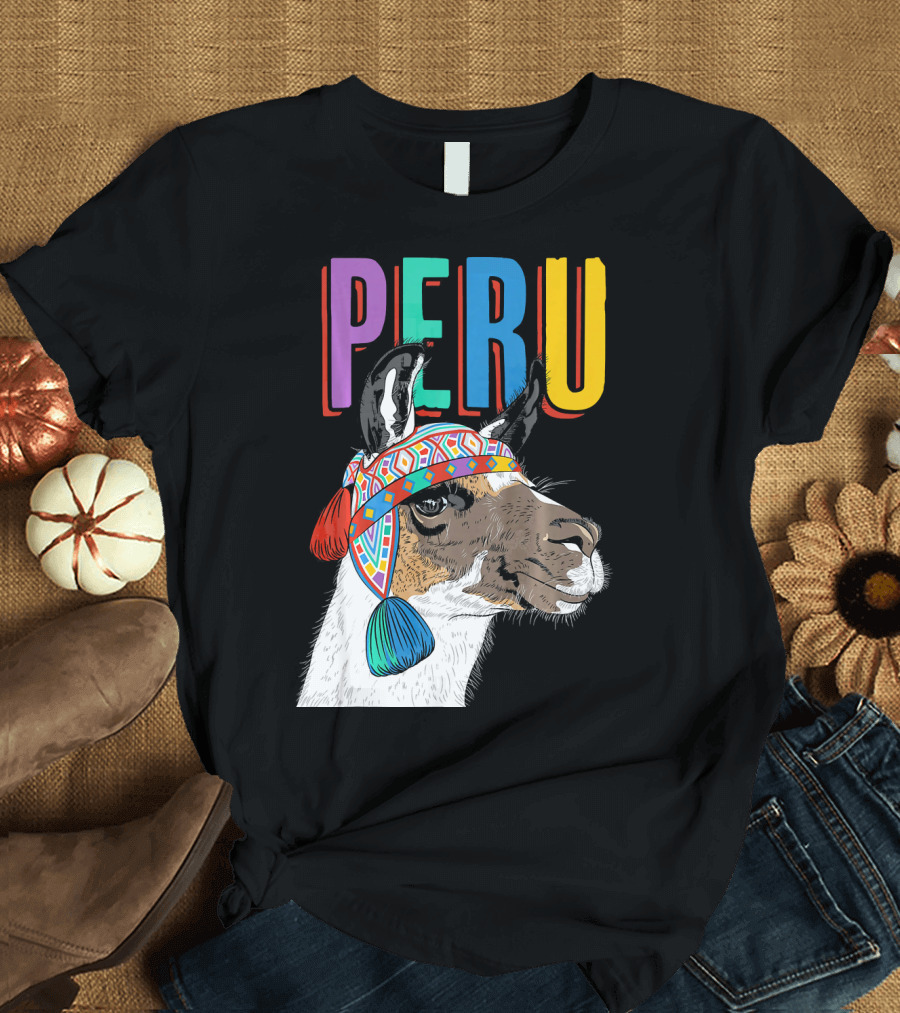 Peru Colorful Llama with Traditional Hat Design Graphic Product T-Shirt