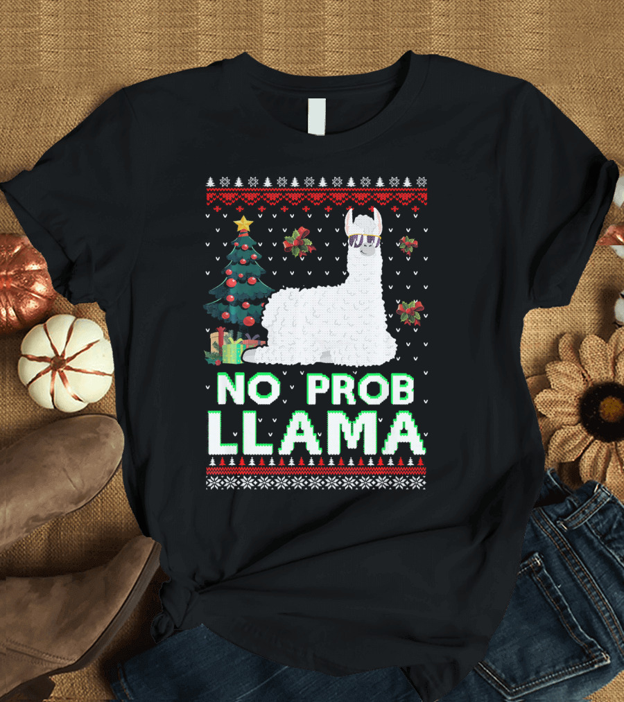 No Prob Llama Alpaca Christmas Tree Festive T-Shirt