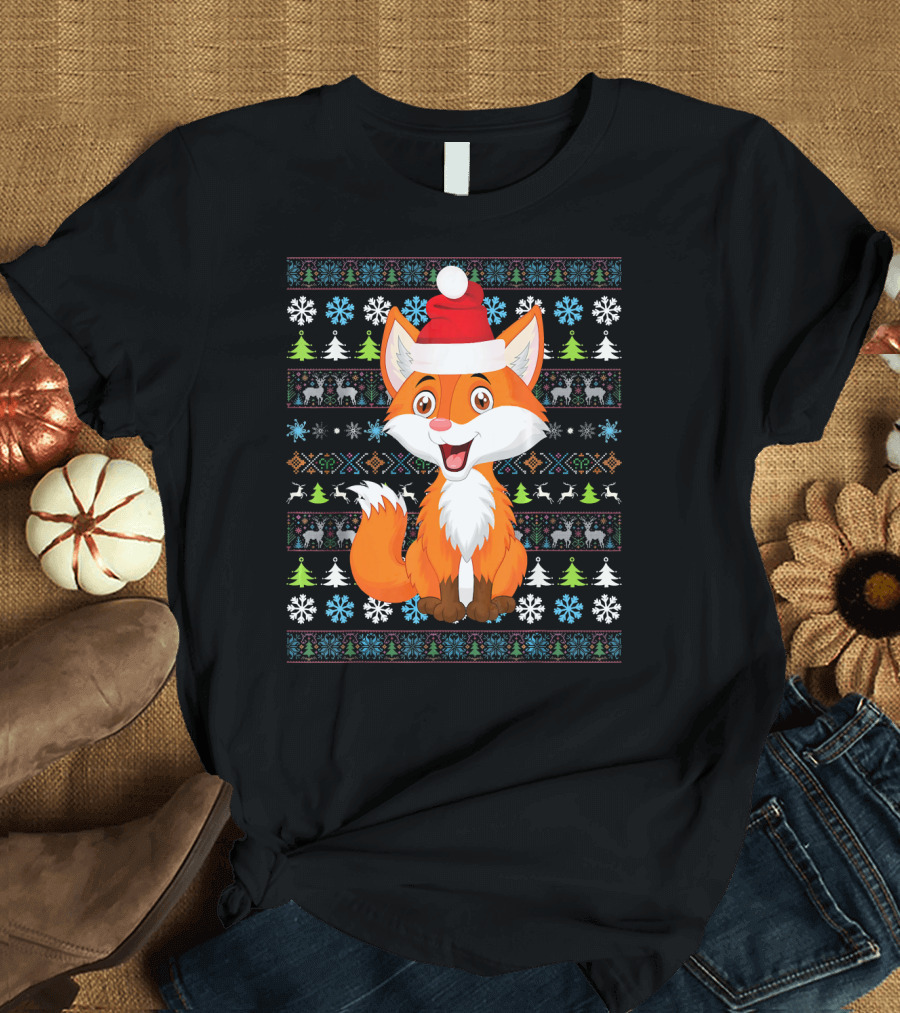 Merry Christmas Fox Santa Hat Ugly T-Shirt