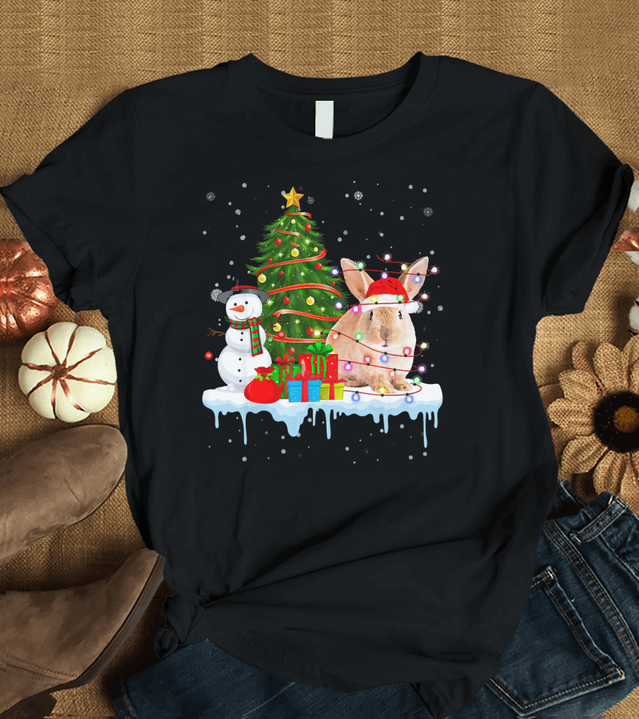Rabbit in Santa Hat with Christmas Lights Snowman and Tree T-Shirt