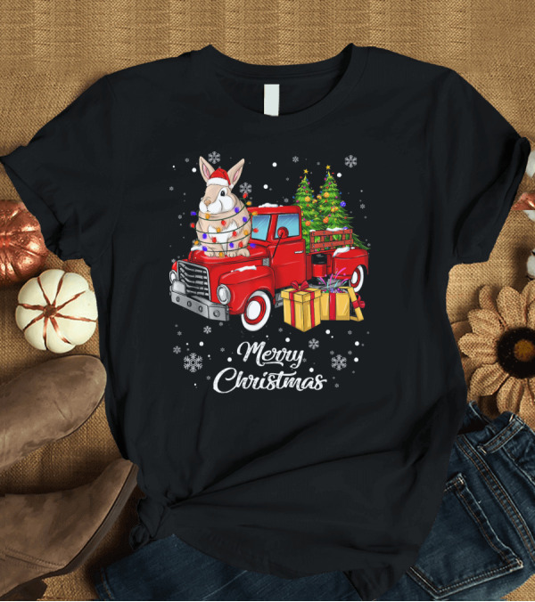 T-Shirt: Merry Christmas Rabbit Rides Red Truck with Lights and Gifts T-Shirt Merry Christmas Rabbit Rides Red Truck with Lights and Gifts T-Shirt