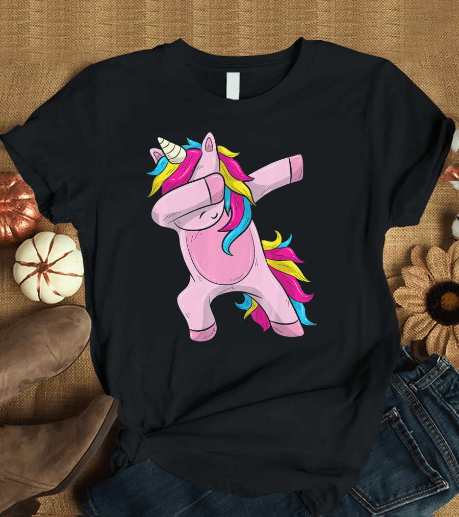 Pink Dabbing Unicorn with Rainbow Mane T-Shirt