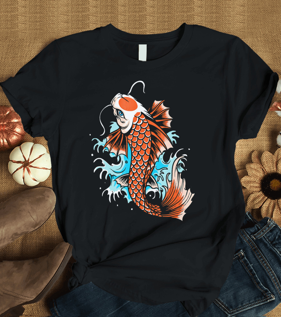 Traditional Japanese Koi Fish On Water With Colorful Splashing Waves T-Shirt
