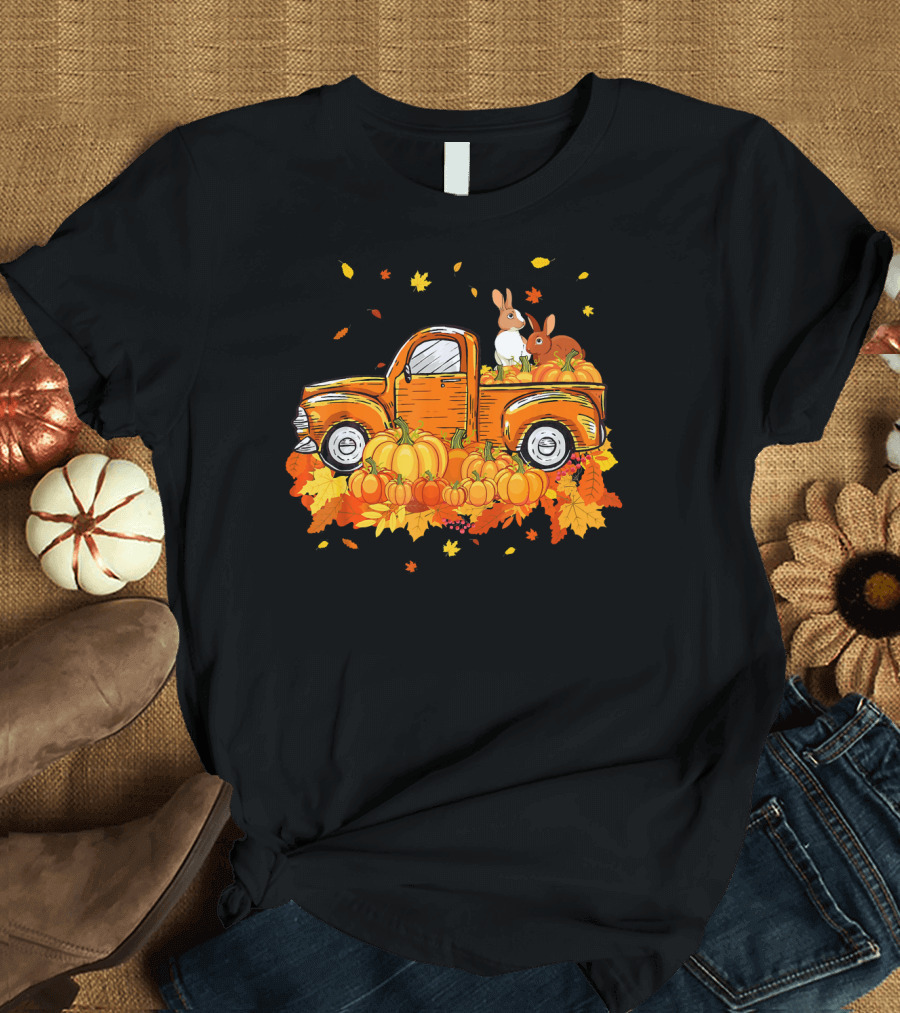 Halloween Rabbit Pumpkin Truck Autumn Leaves Fall T-Shirt