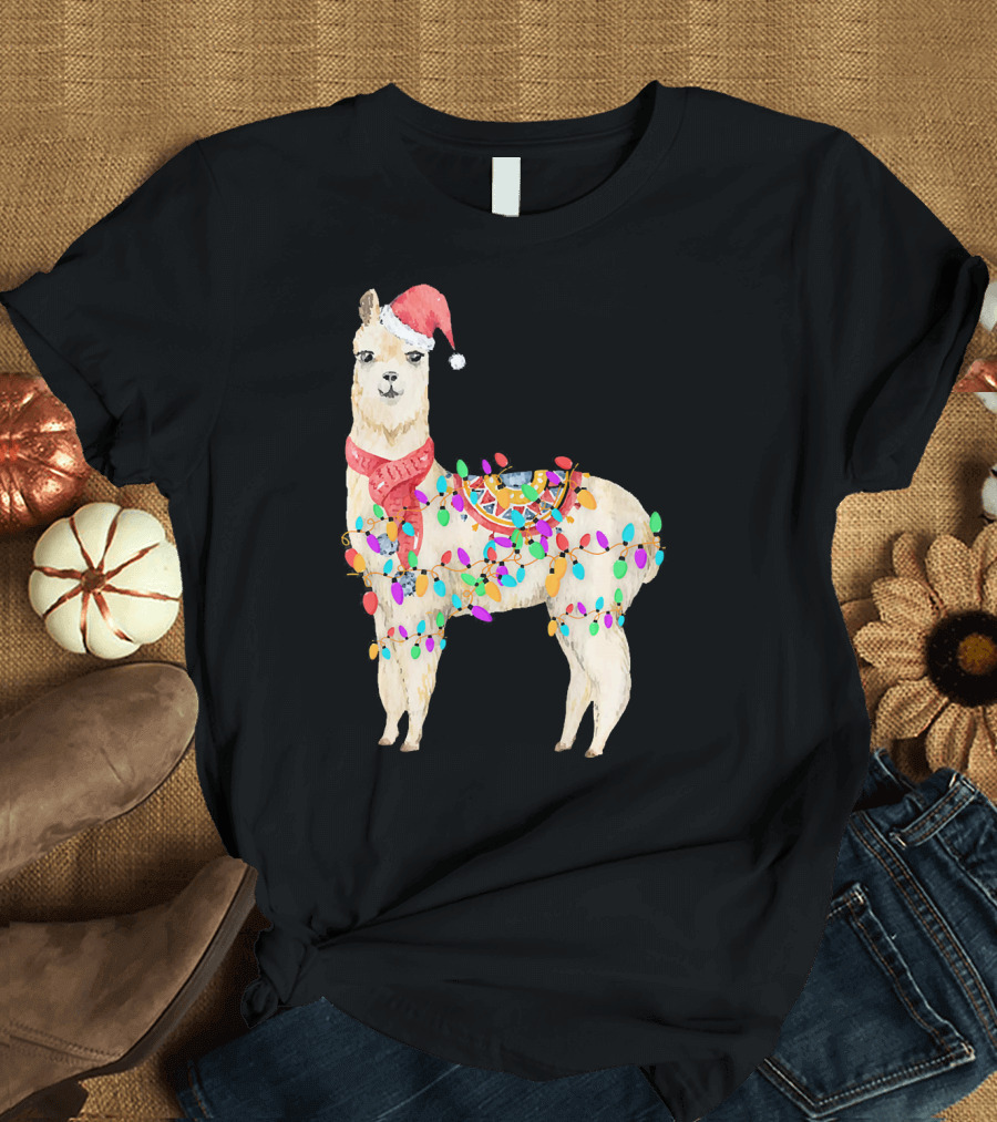 Santa Llama Funny Christmas Lights Alpaca Holiday Humor T-Shirt