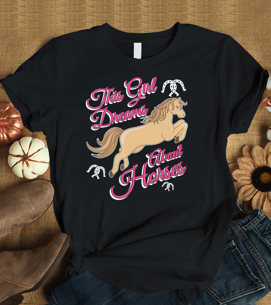 This Girl Dreams About Horses Leaping Beige Horse and Horseshoe Accents T-Shirt