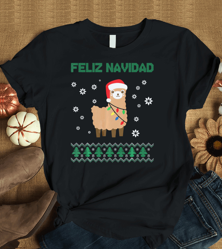 Feliz Navidad Ugly Christmas Llama Alpaca with Santa Hat and Lights T-Shirt