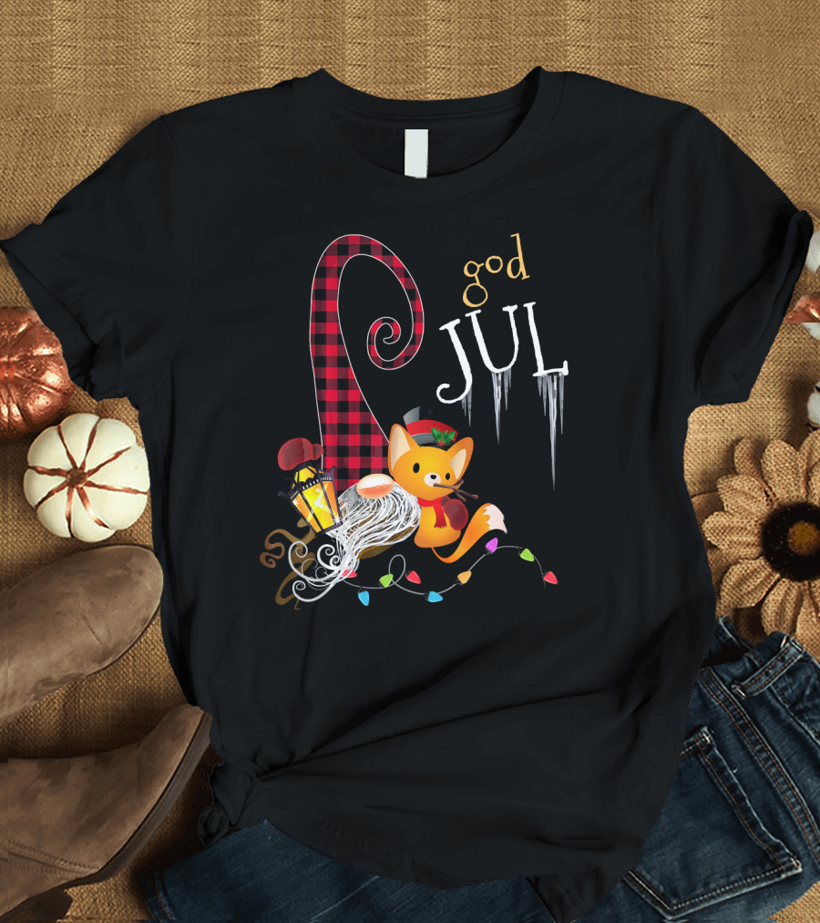 God Jul Nordic Christmas Gnome Scandinavian Tomte with Fox and Lantern T-Shirt