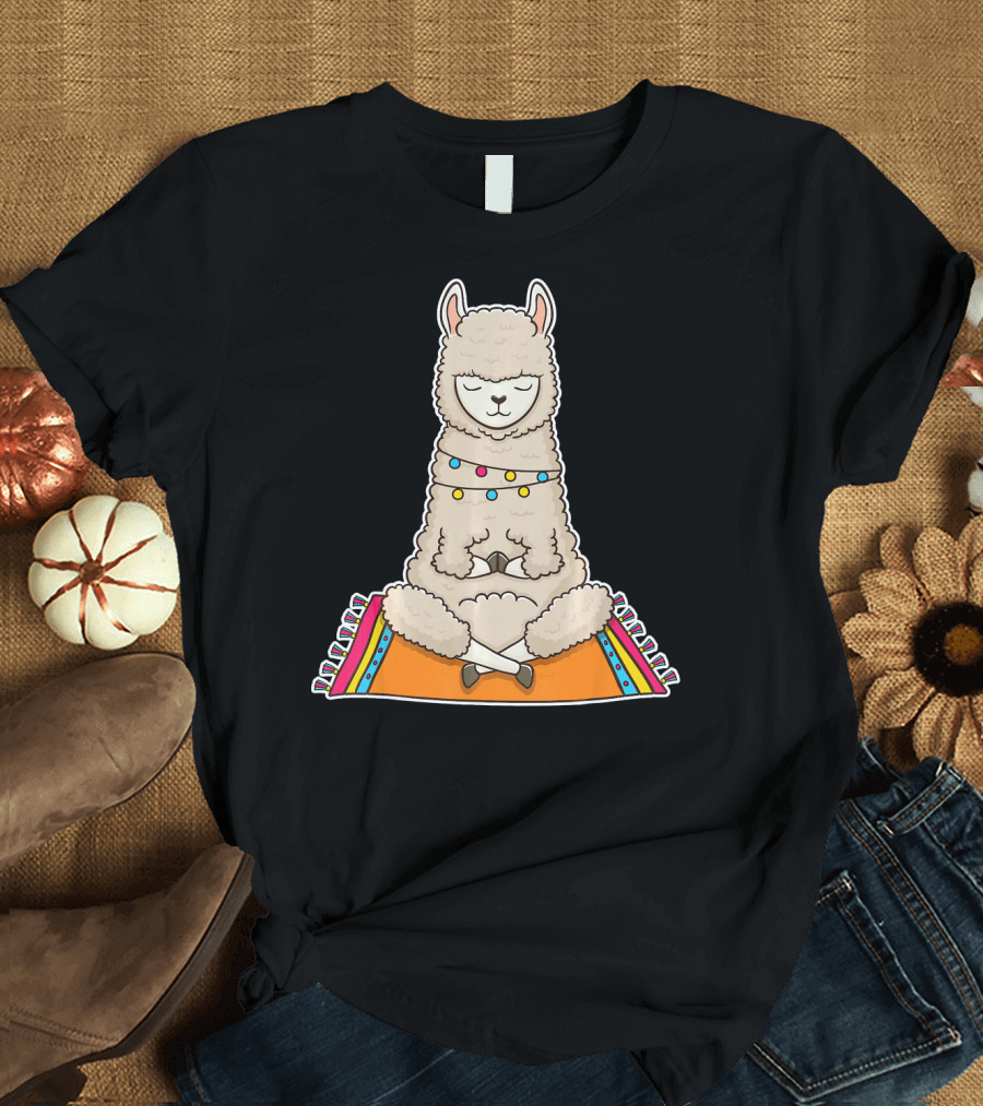 Namaste Alpaca Yoga Exercise Llama Meditation on Colorful Rug T-Shirt