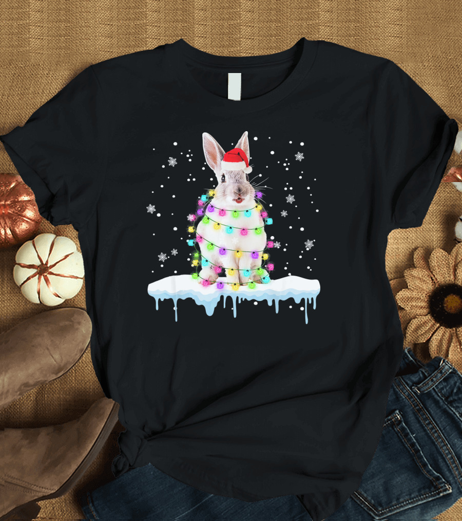 Rabbit in Santa Hat Wrapped in Colorful Christmas Lights Snowflakes T-Shirt