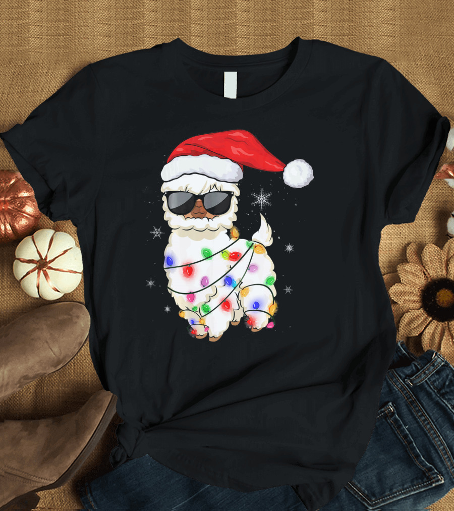 Santa Llama Funny Christmas Lights Alpaca Wearing Santa Hat with Sunglasses T-Shirt