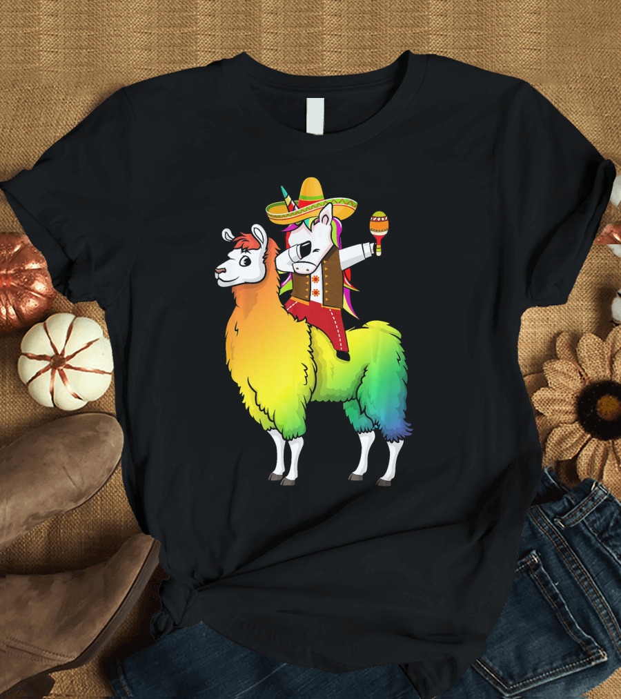 Unicorn Dabbing Wearing Sombrero Riding Rainbow Llama Cinco de Mayo Fun T-Shirt