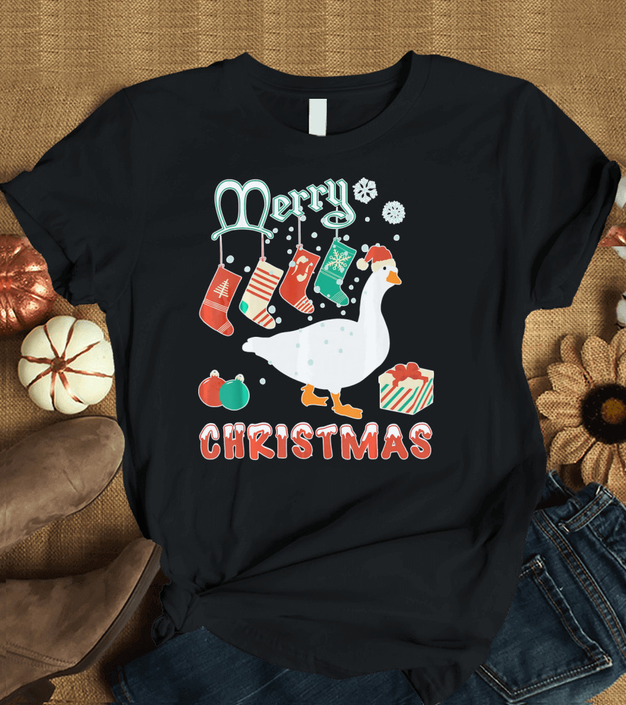 Merry Christmas Goose Festive Stockings and Gifts T-Shirt