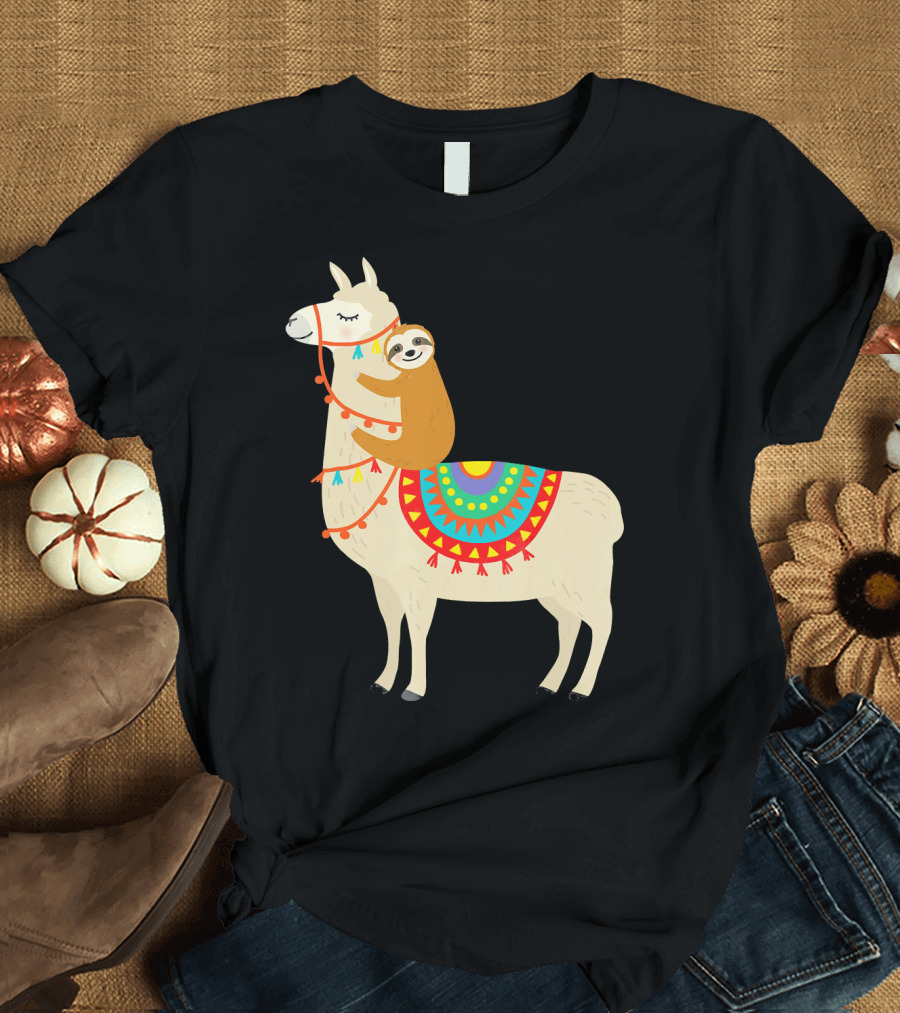 Sloth Hugging Llama with Colorful Blanket T-Shirt