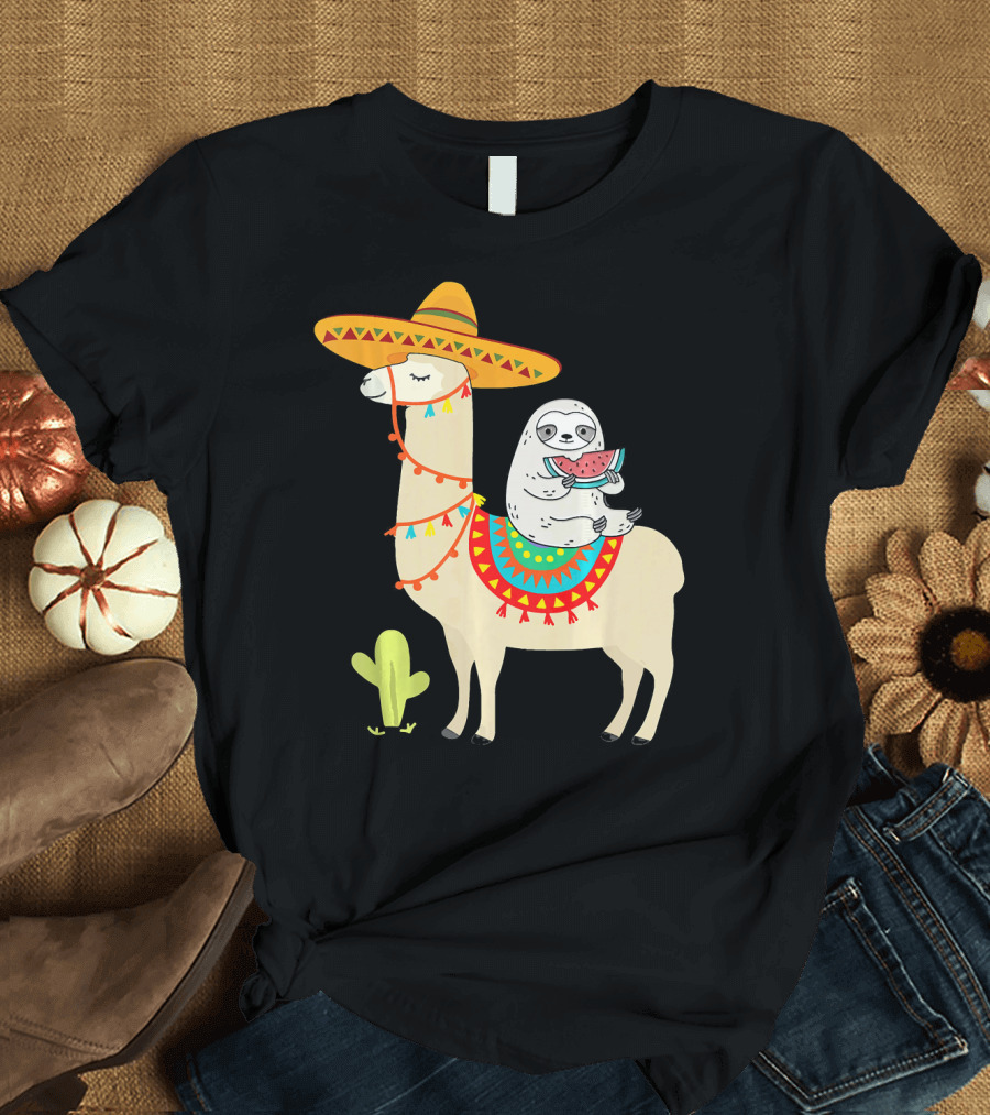 Sloth Riding Llama Sombrero Fiesta Cinco de Mayo T-Shirt