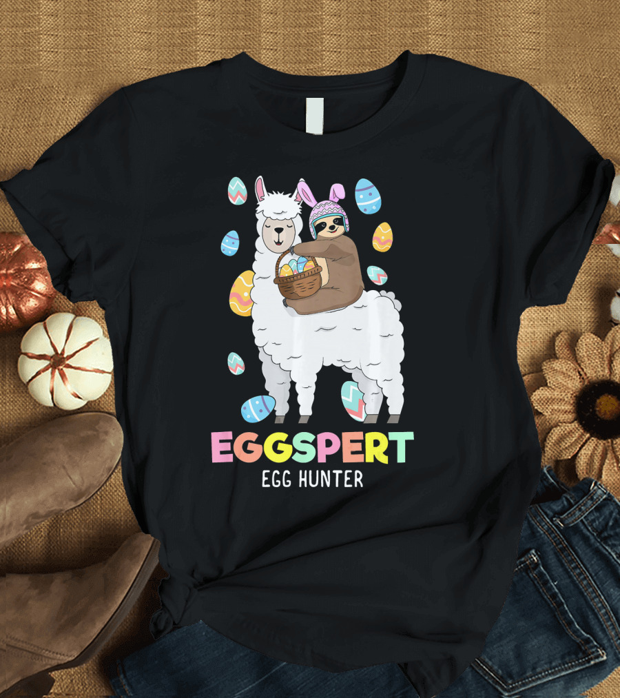 Eggspert Egg Hunter Sloth Riding Llama with Easter Eggs T-Shirt
