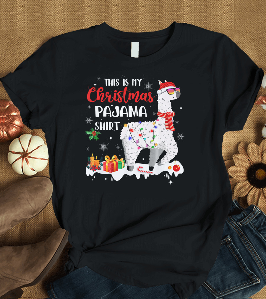 This Is My Christmas Pajama Shirt Llama with Presents and Candy Canes T-Shirt