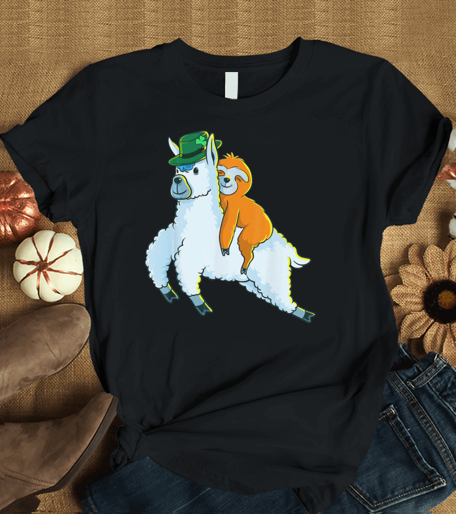 Sloth and Llama Adventure with Green Shamrock Hat T-Shirt