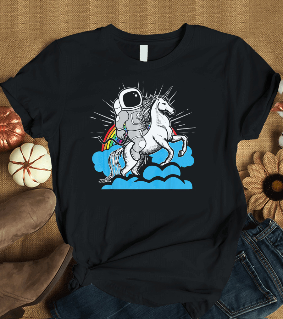 Unicorn Astronaut Riding Unicorn Rainbow Clouds Sky T-Shirt