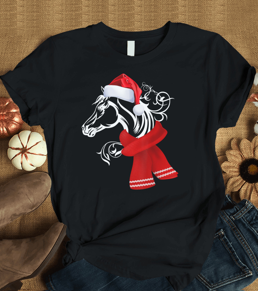 Merry Christmas Horse Lover Santa Hat Scarf T-Shirt