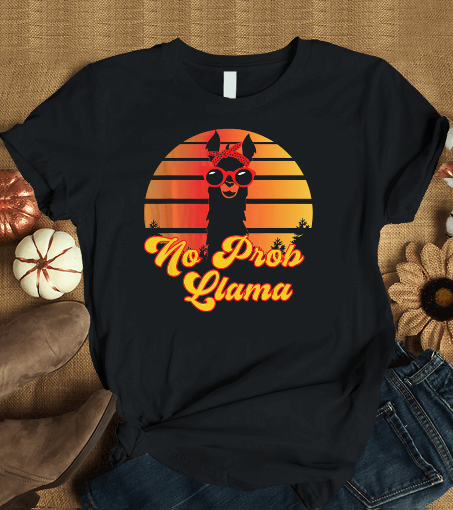No Prob Llama Retro Cute Funny Llama with Sunset and Sunglasses T-Shirt