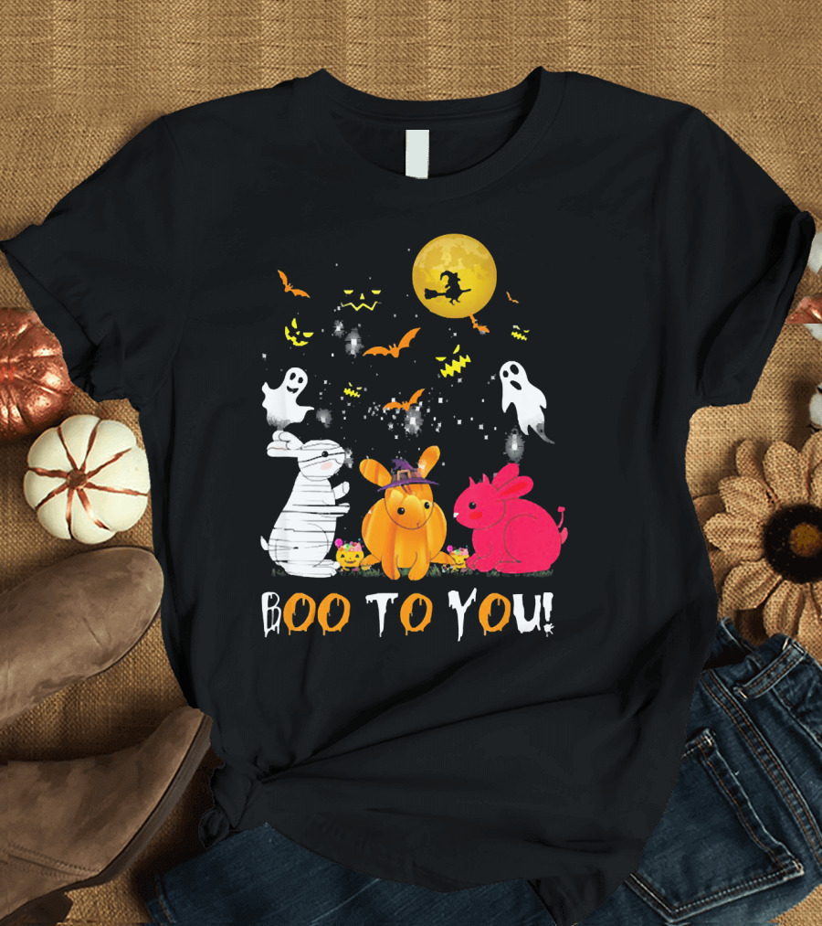 Boo to You Moon Halloween Rabbit Ghosts and Witch T-Shirt