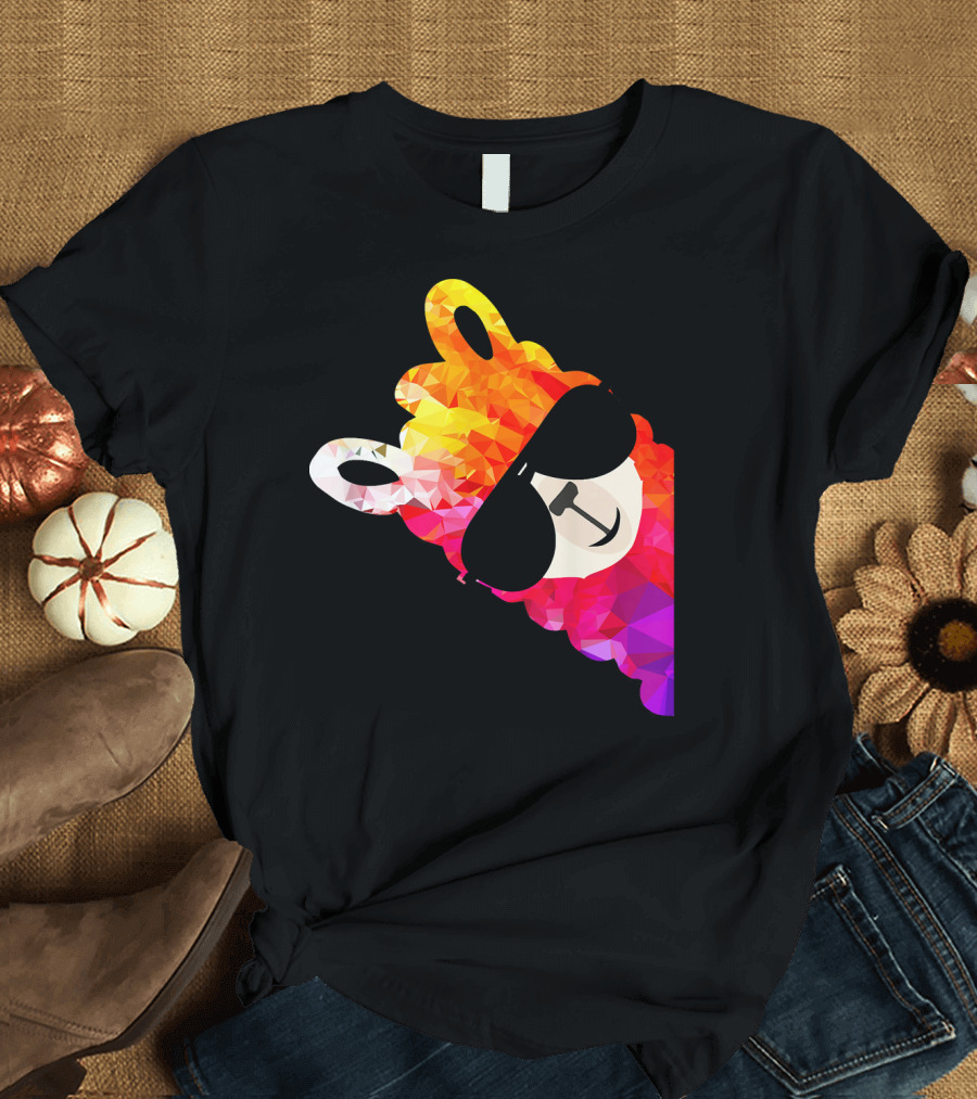 Rainbow Fun Llama Alpaca Sunglasses Multicolored Geometric T-Shirt
