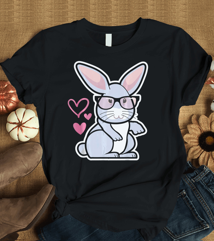 Nerdy Rabbit in Glasses with Pink Hearts T-Shirt