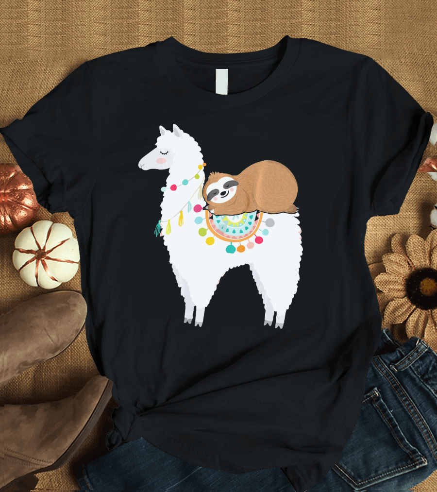 Sloth Cute Sleeping Sloth On Colorful Llama T-Shirt