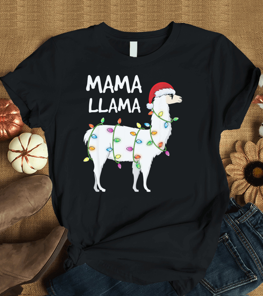 Mama Llama Christmas Lights Santa Hat Festive T-Shirt
