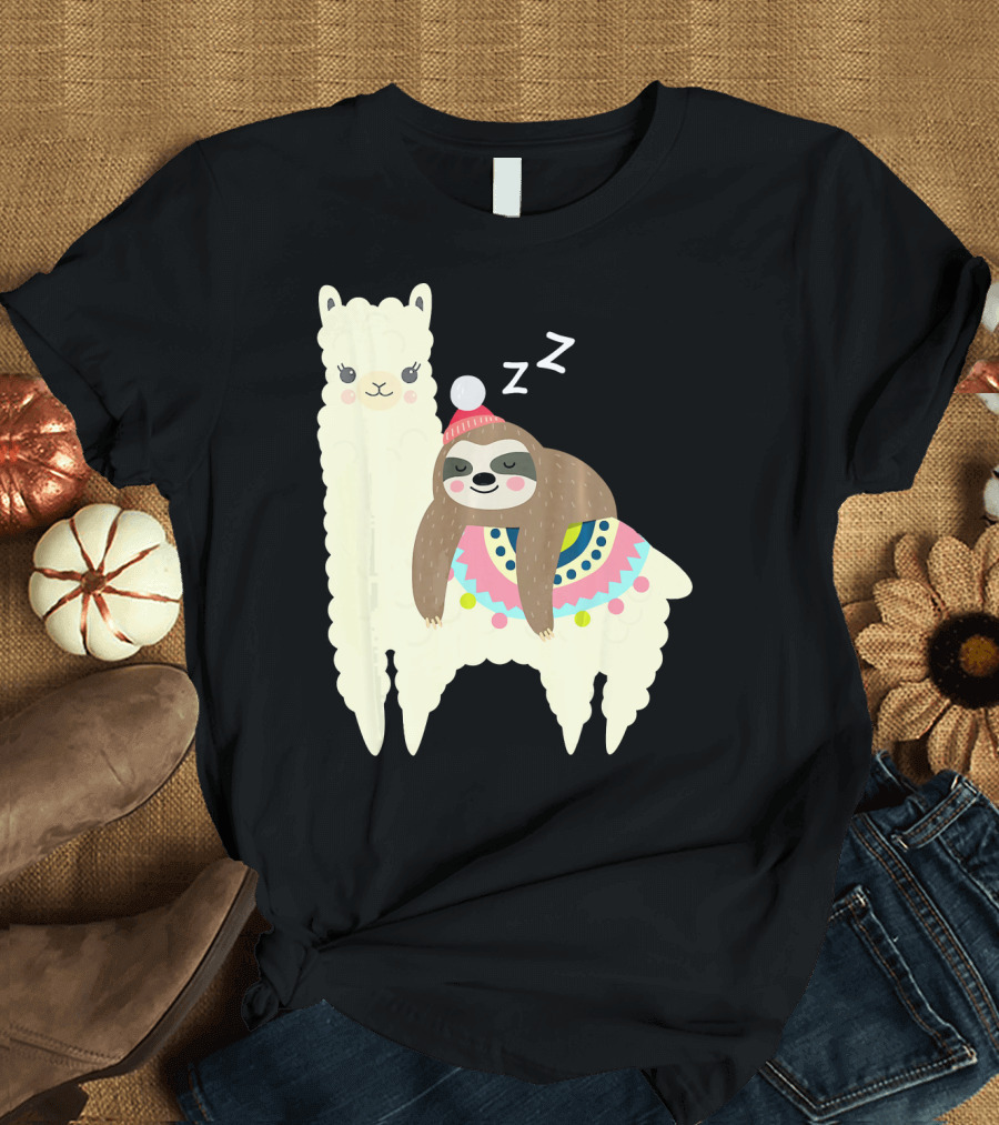 Sloth Snoozing on Alpaca Llama Adorable Sleepy Animal T-Shirt