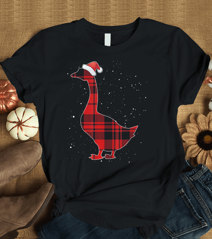 Santa Hat Red Plaid Goose Christmas Bird T-Shirt