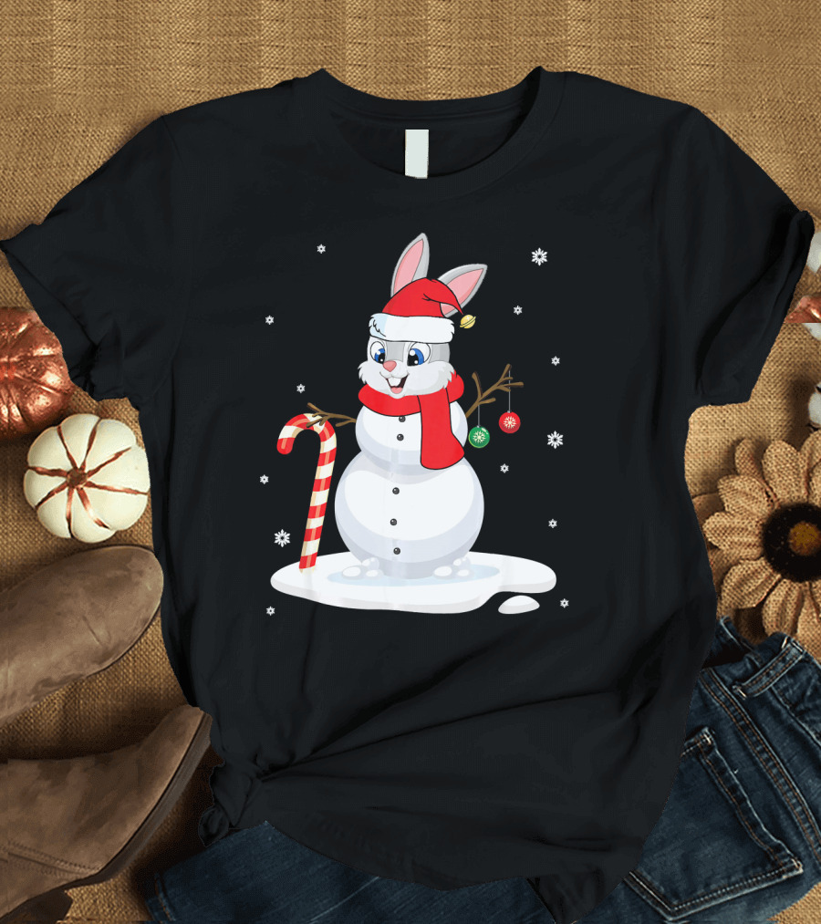 Rabbit Snowman Xmas Costume Candy Cane Snowflakes T-Shirt