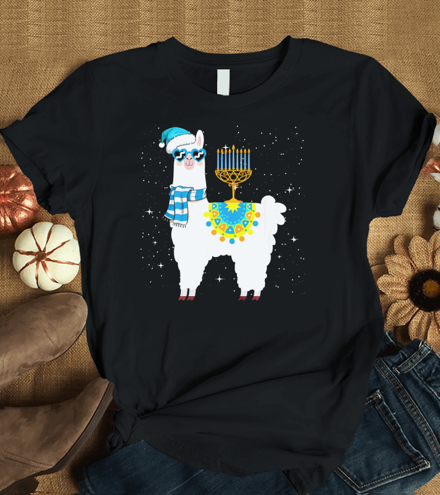 Menorah Hanukkah Llama with Scarf and Hat T-Shirt
