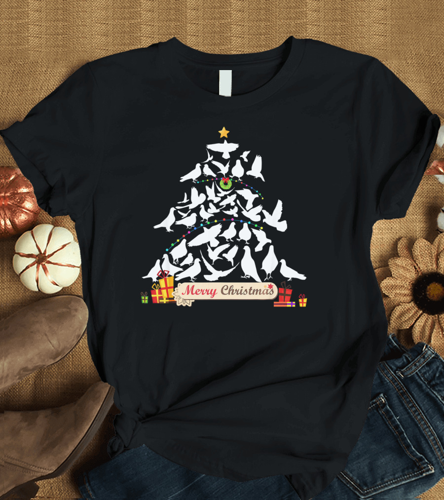 Merry Christmas Pigeon Tree with Presents and Star T-Shirt