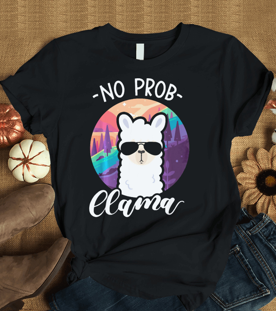 NO PROB LLAMA Vintage Llama Alpac Rainbow Sunglasses T-Shirt