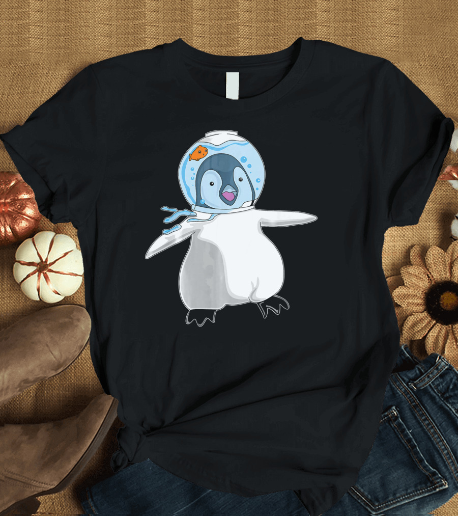 Penguin Wearing Goldfish Bowl Helmet in Space Adventure T-Shirt