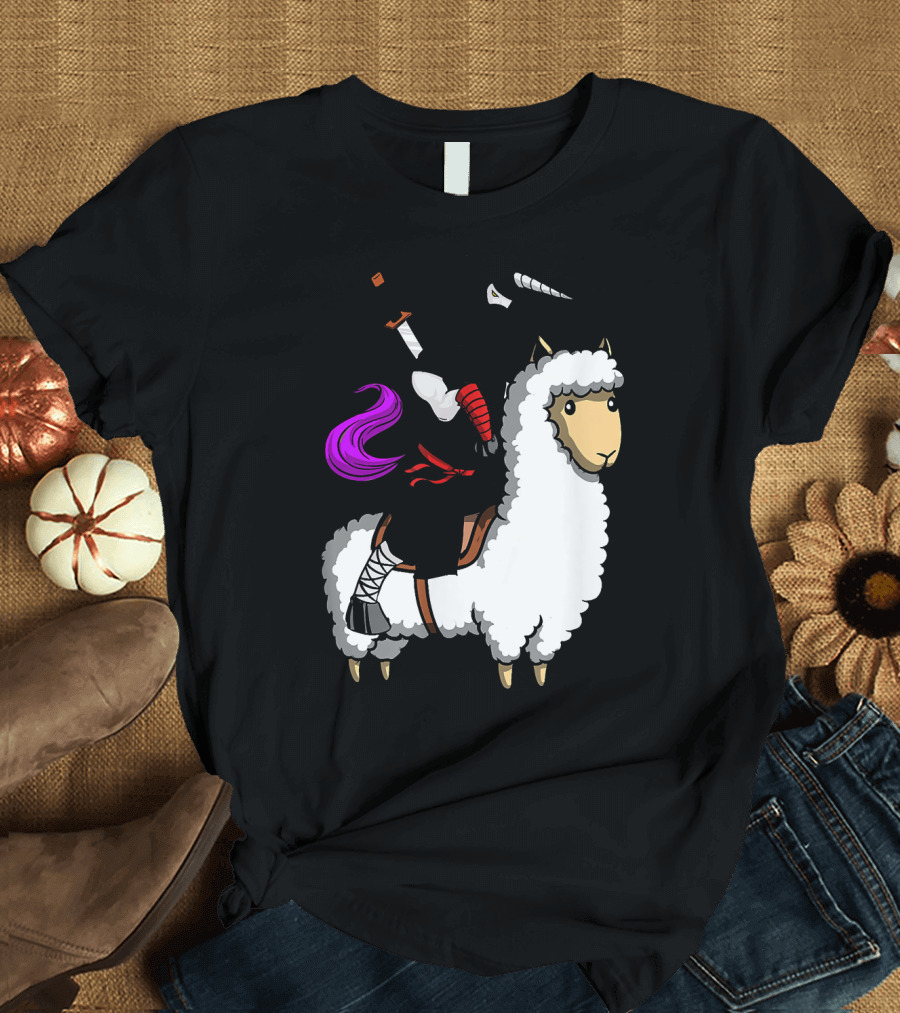 Unicorn Ninja Samurai with Llama Adventure T-Shirt