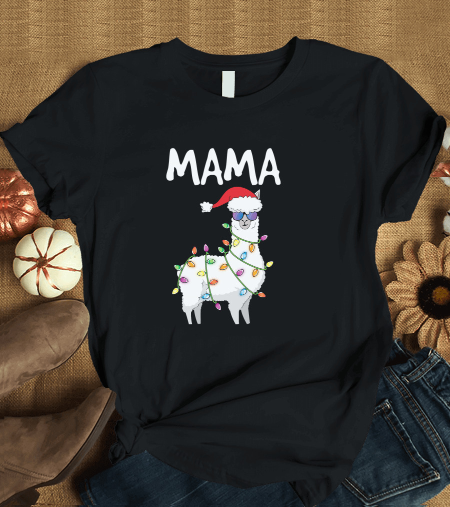 Mama Llama Santa Christmas Lights Alpaca Holiday Fun T-Shirt